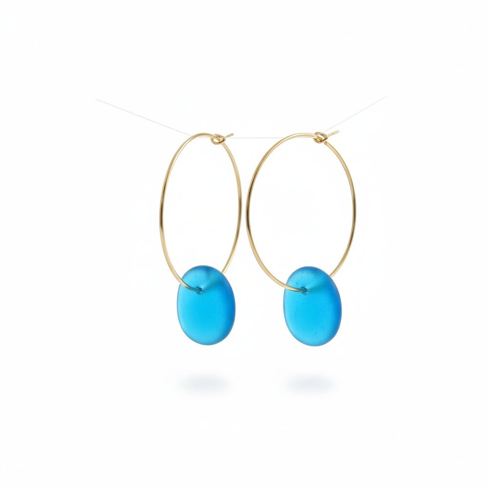 Gold Tone Glass Hoop Earrings Blue Frosted Pebble Dangle Beach Coastal Boho